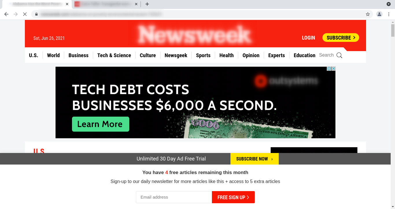 A typical news site, with a large header, huge ads, and an obnoxious sign-up banner