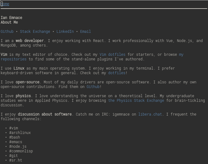 Screenshot of this website on w3m, a text-mode browser