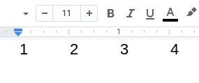 Tab stops along a page, marked with text reading '1', '2', '3', and '4'